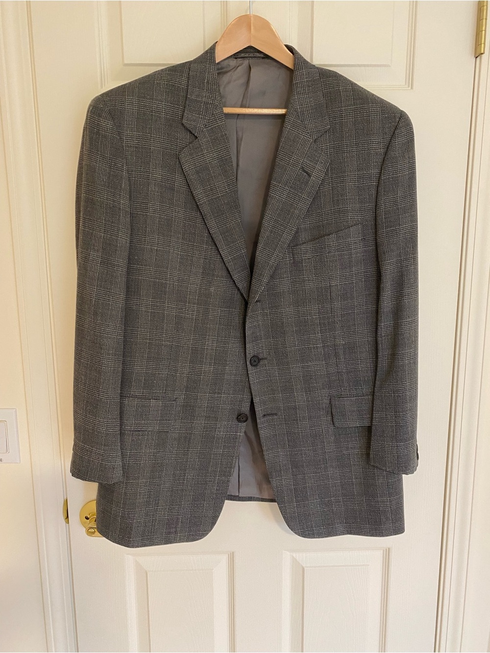 Corneliani Blazer Mens 44R Gray Plaid Ventless Wool Italy Classic Office Checks